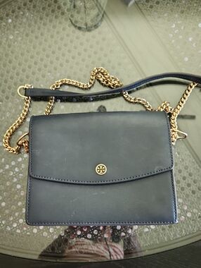 Tory Burch Navy Leather Chain-Accent Crossbody Bag